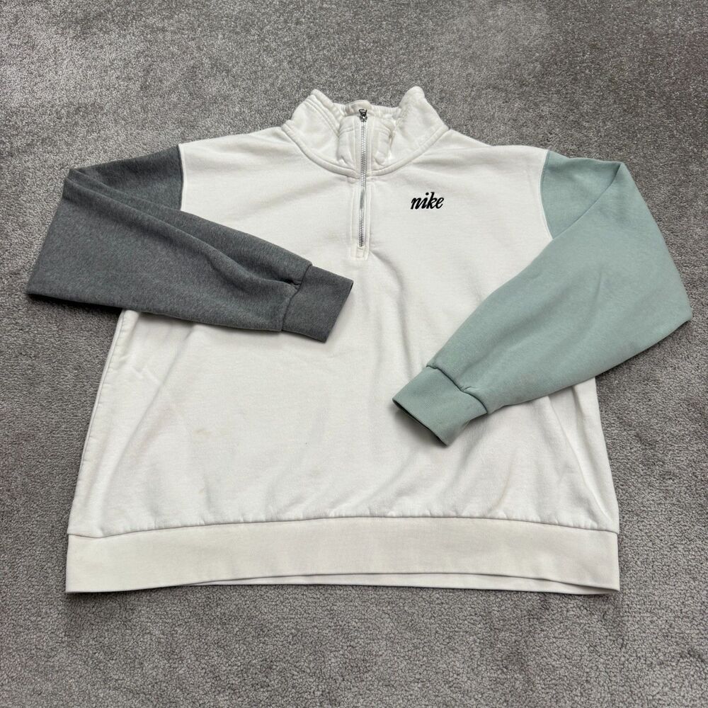Nike Women's White Quarter-Zip Sweatshirt with Gray and Sage Green Sleeves